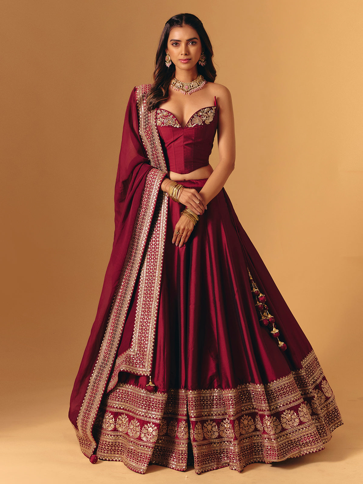 Maroon silk designer zardosi worked lehenga choli