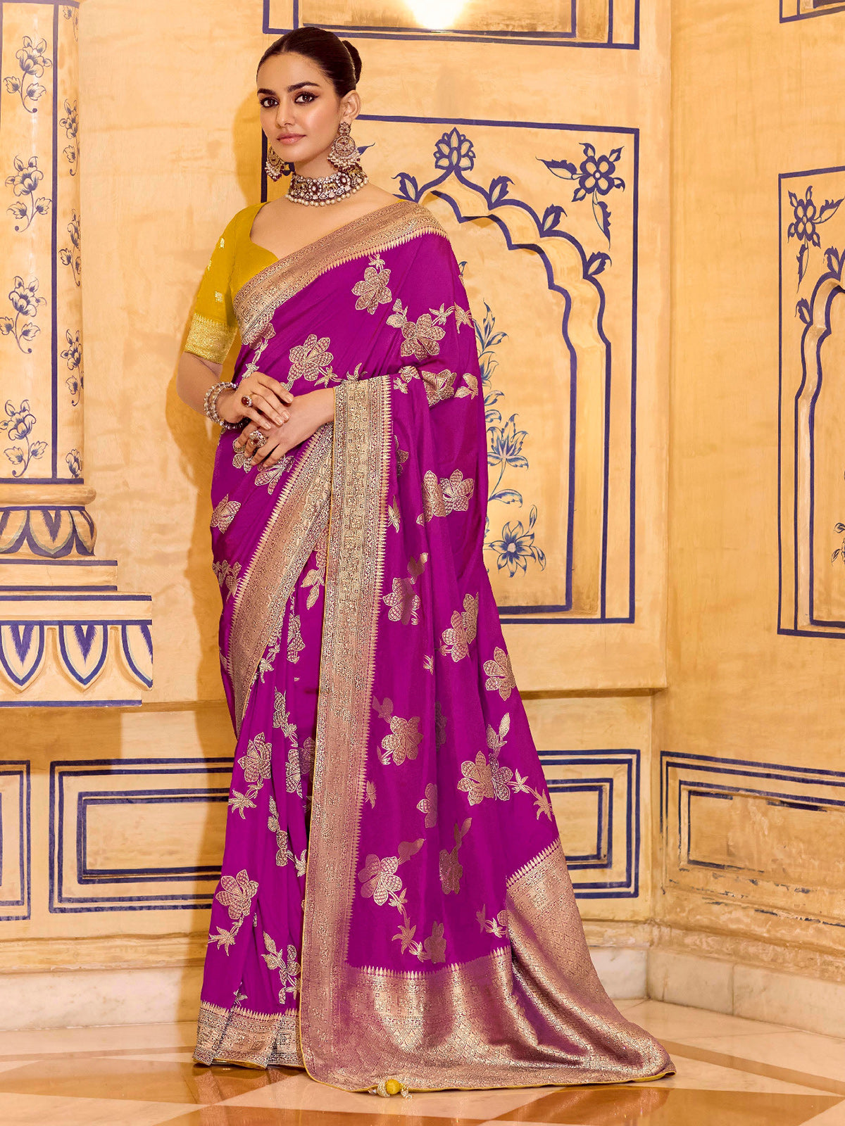 Radiant pink banarasi crepe silk saree