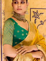 Bright yellow banarasi crepe silk saree