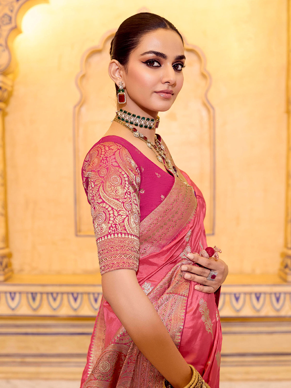 Soft peach banarasi crepe silk saree