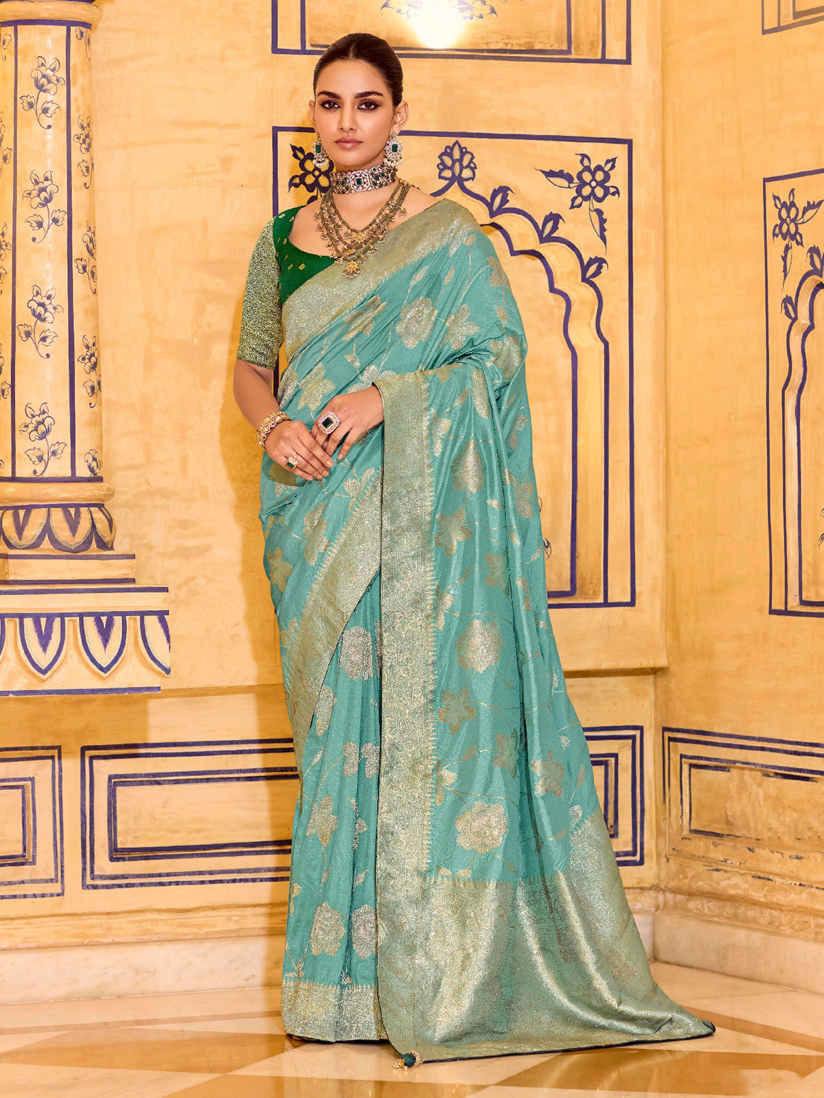 Graceful blue banarasi crepe silk saree