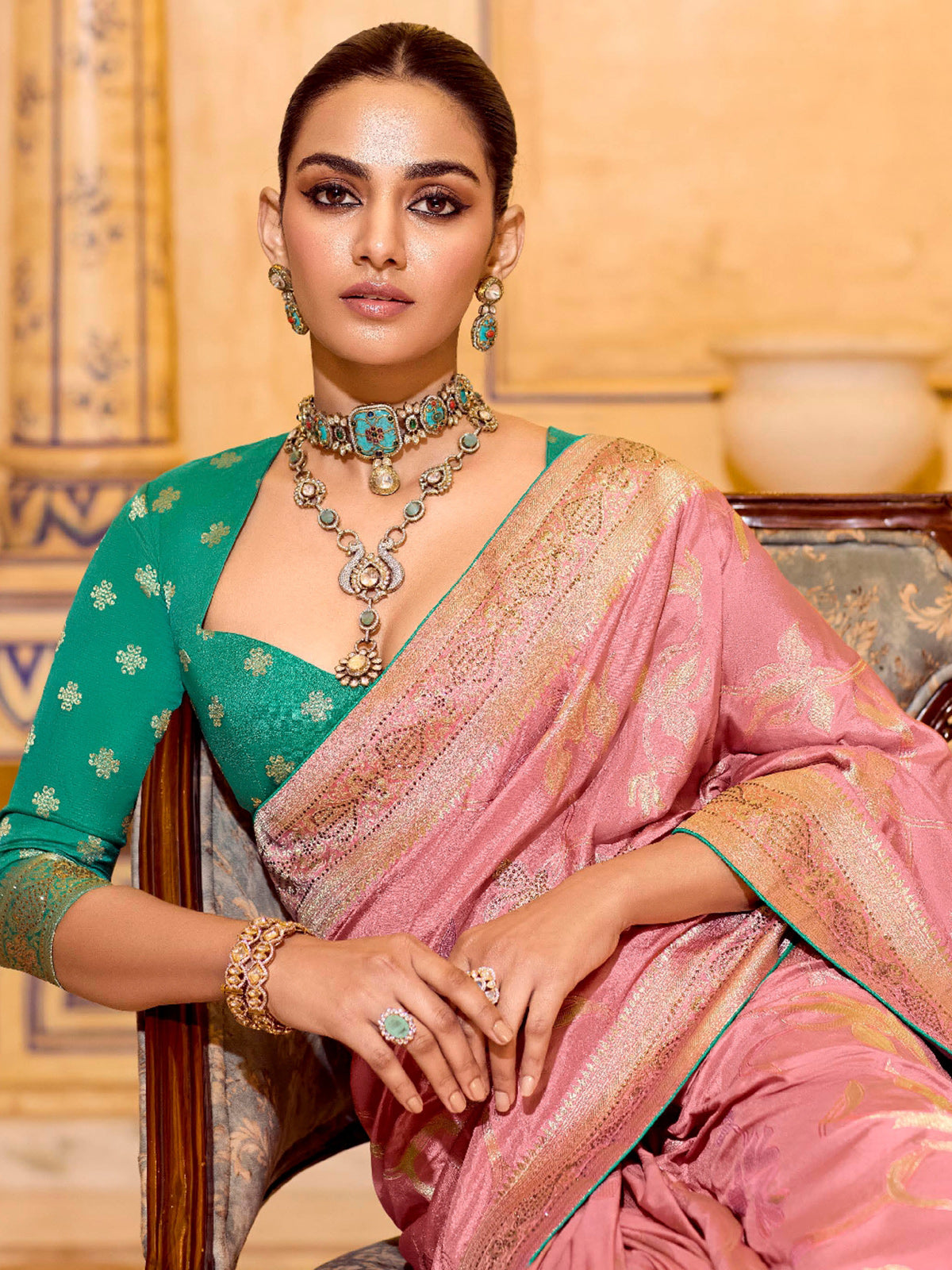 Festive pink banarasi crepe silk saree
