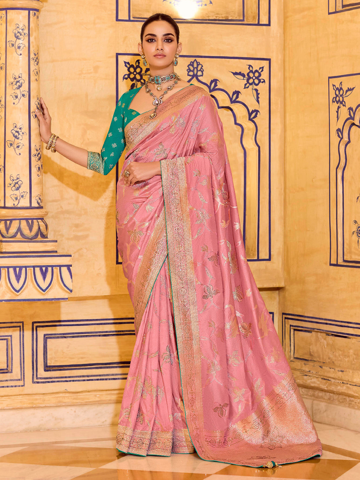 Festive pink banarasi crepe silk saree