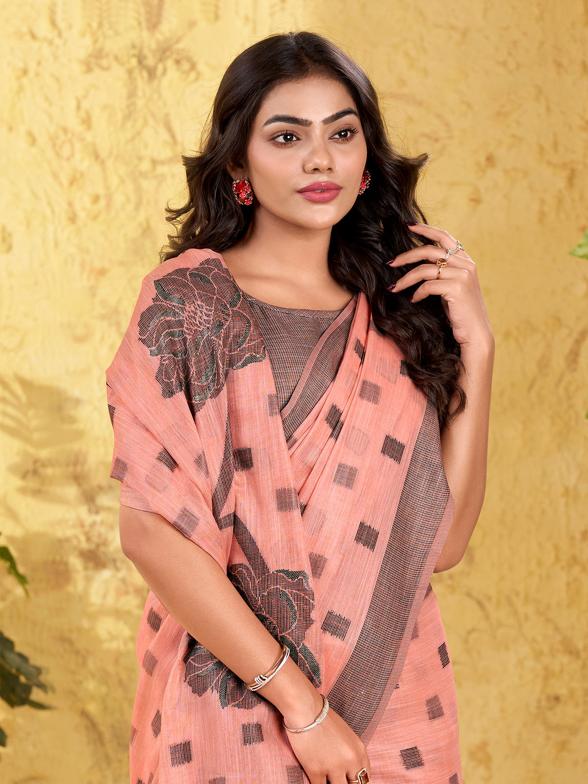 Peach linen silk woven work saree