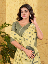 Yellow linen silk woven work saree