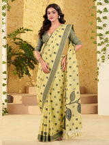 Yellow linen silk woven work saree