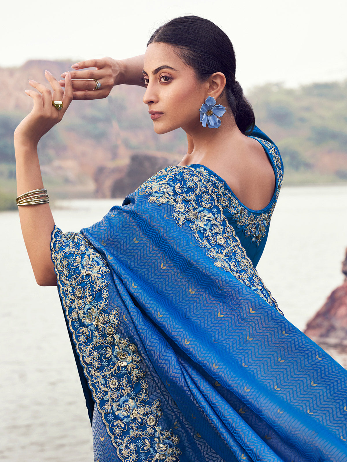 Rama blue satin silk designer saree