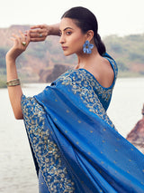 Rama blue satin silk designer saree