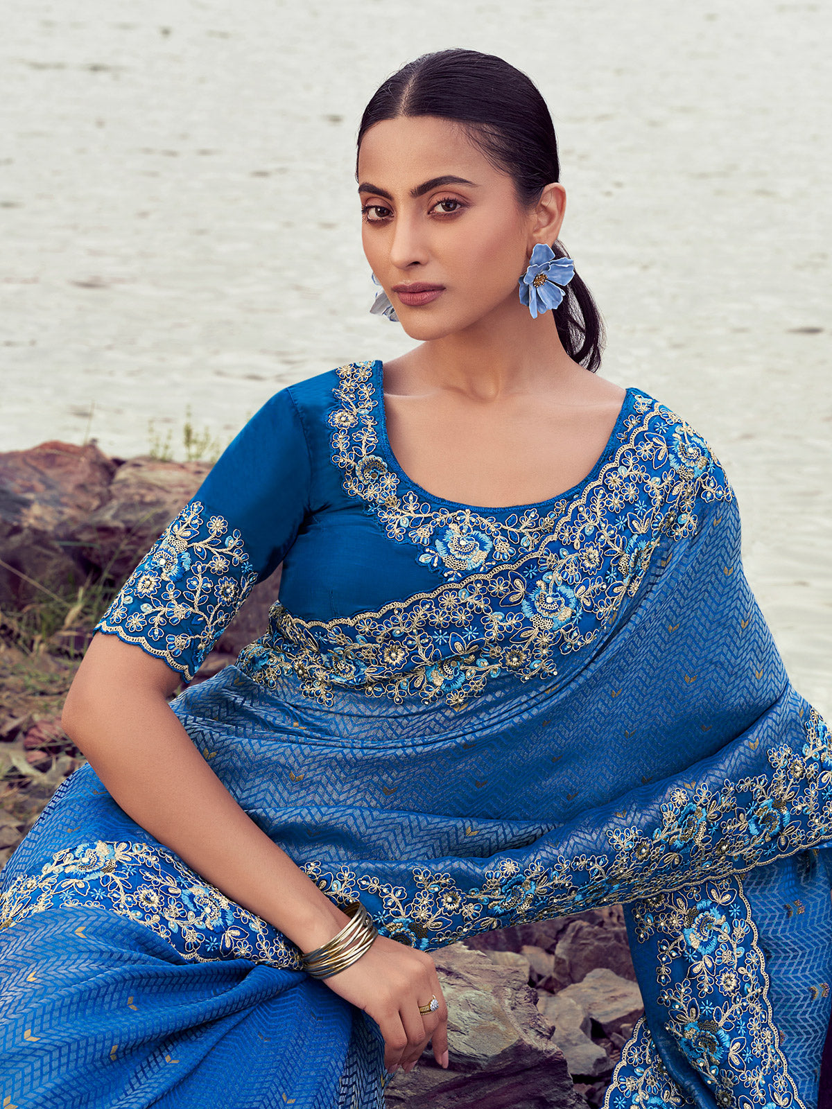 Rama blue satin silk designer saree