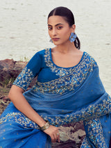 Rama blue satin silk designer saree