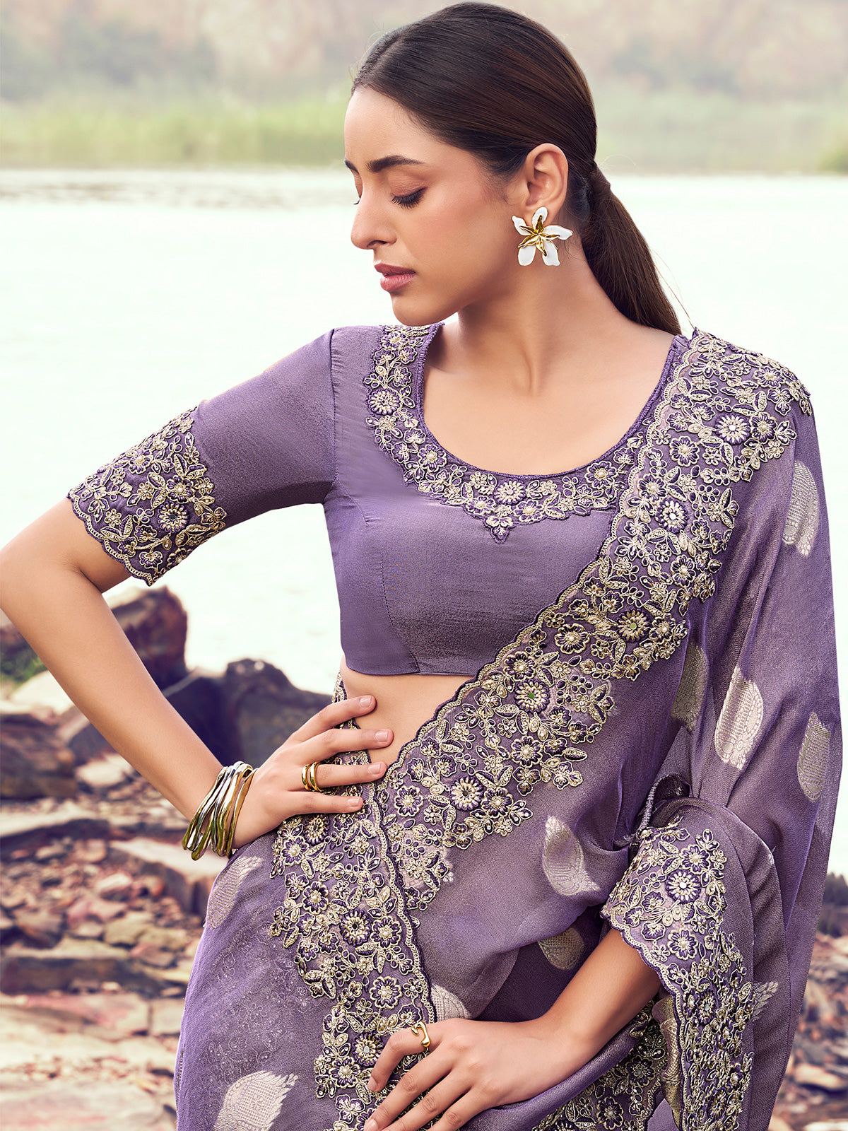 Purple tissue silk festive saree