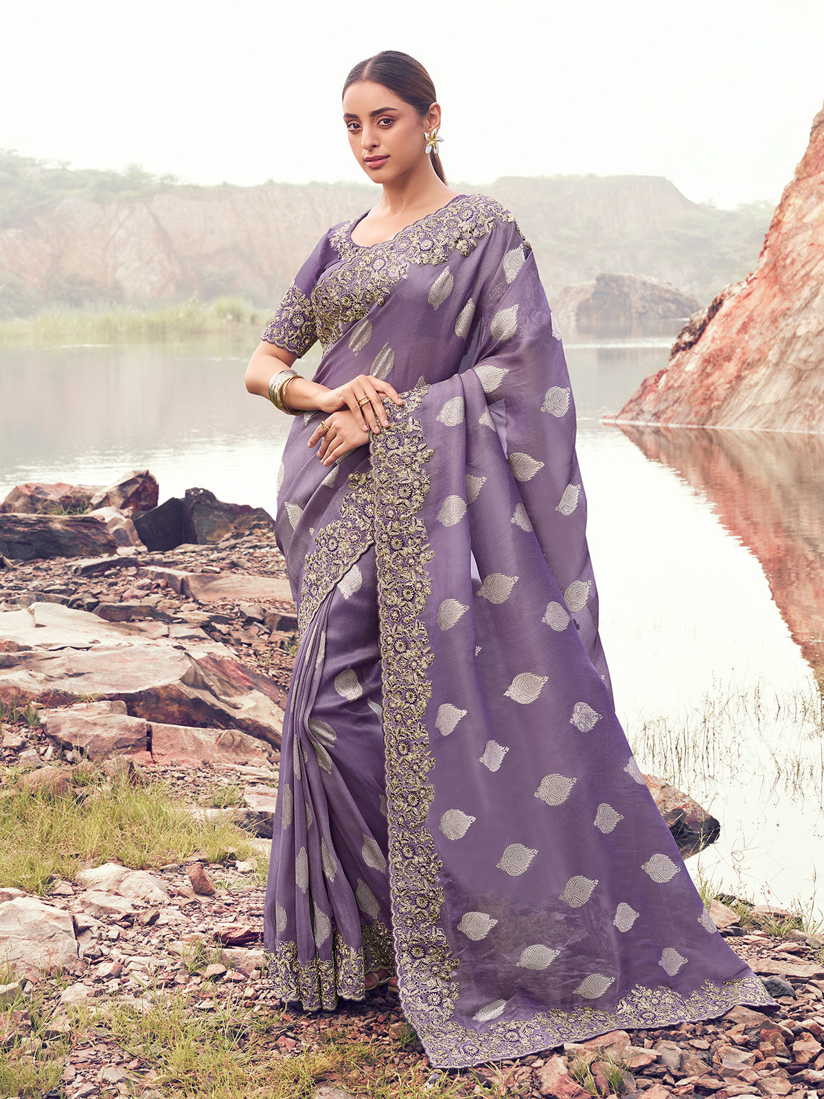 Purple tissue silk festive saree