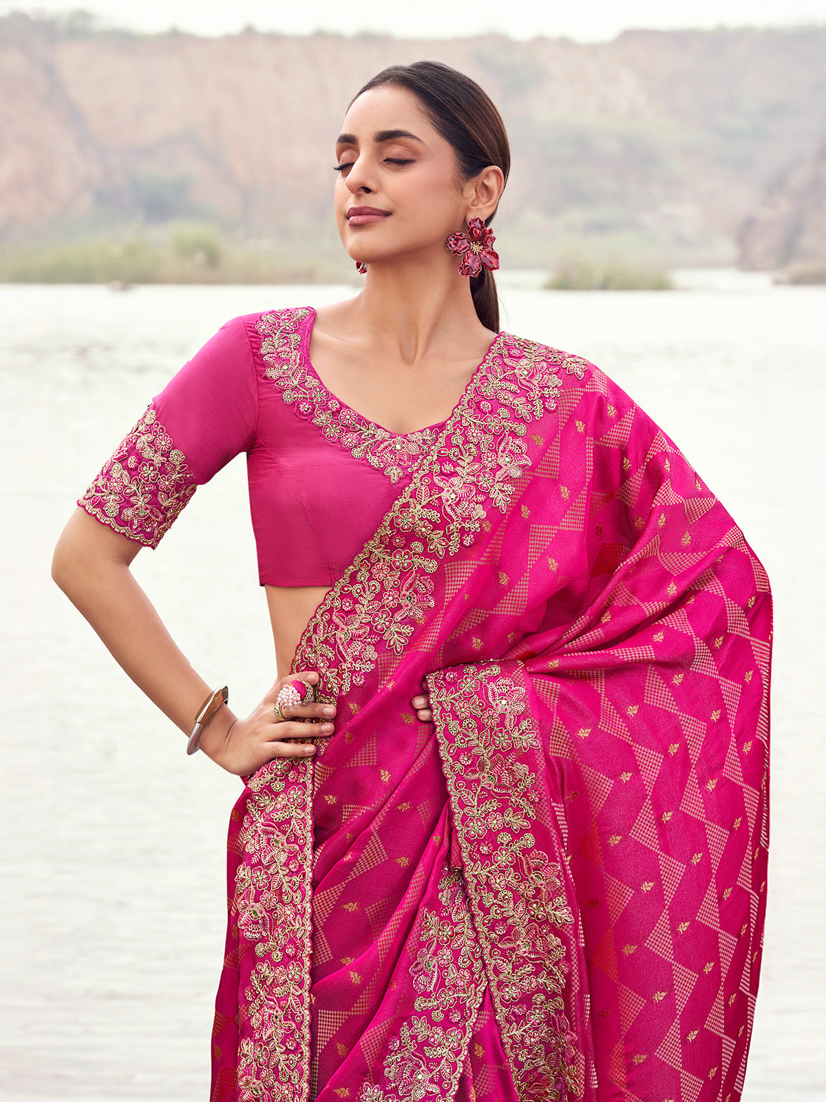 Rani satin silk embellished saree