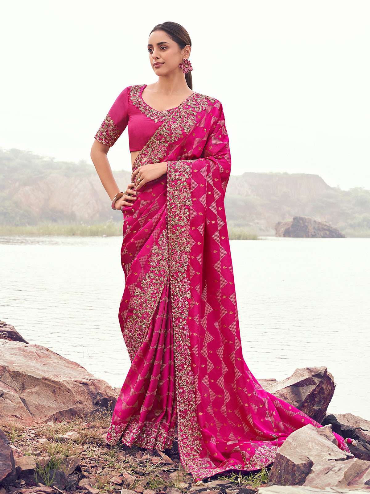 Rani satin silk embellished saree