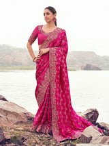 Rani satin silk embellished saree