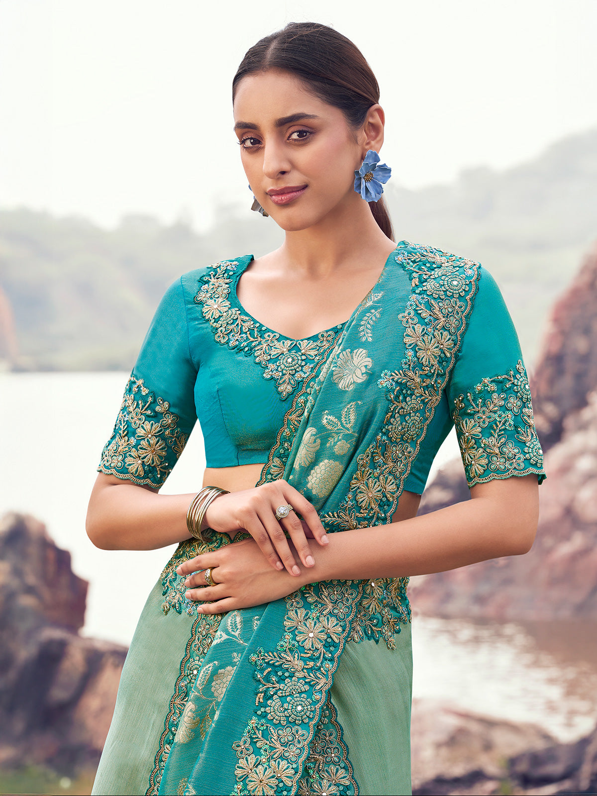 Shaded sky blue tissue silk saree