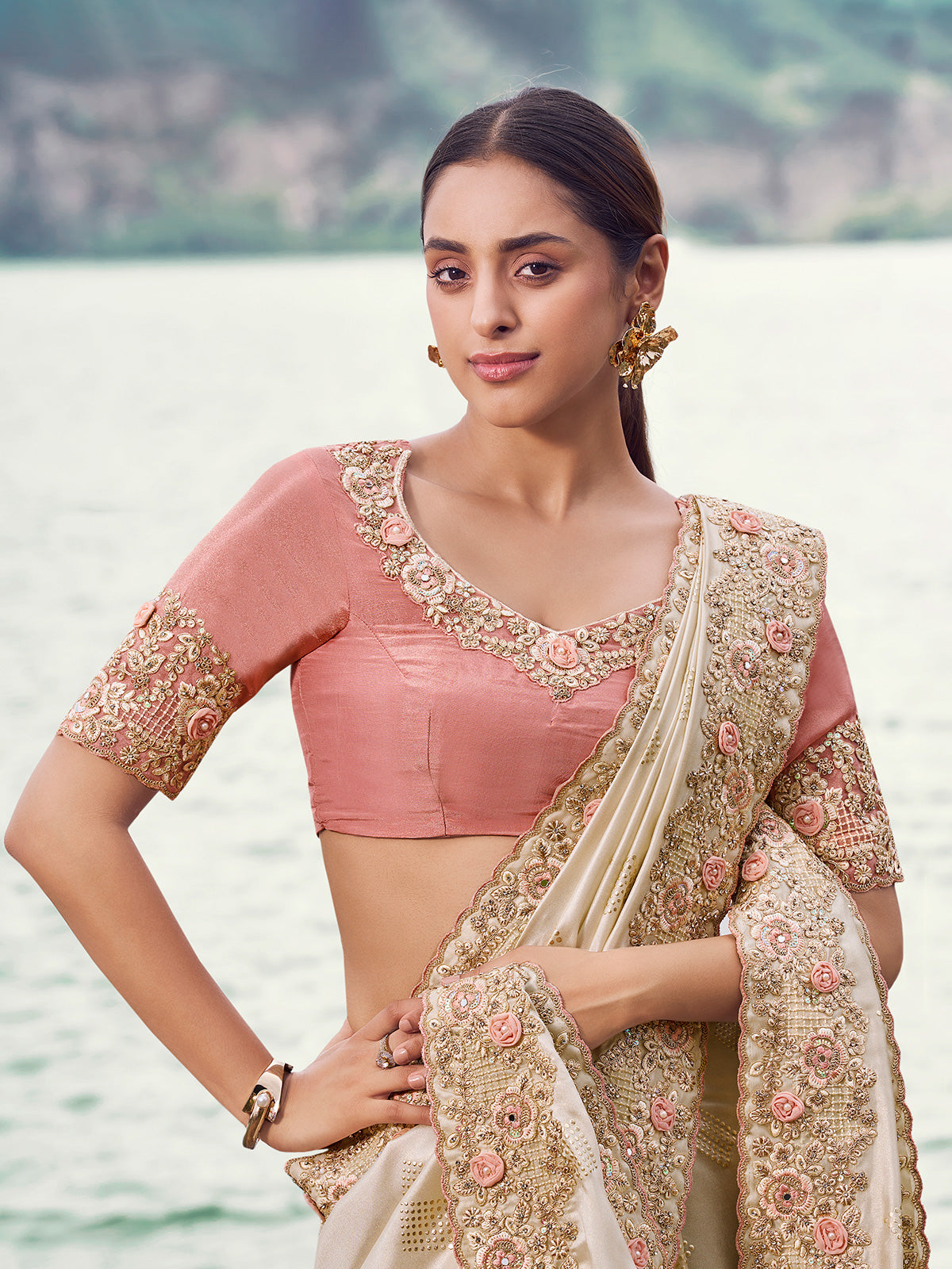 Cream satin silk designer saree