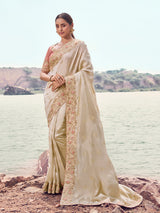 Cream satin silk designer saree