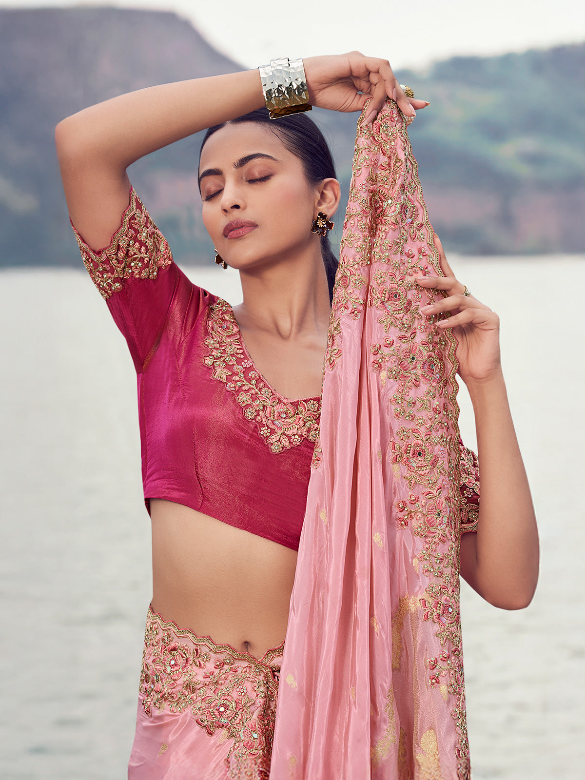 Pink tissue organza festive saree