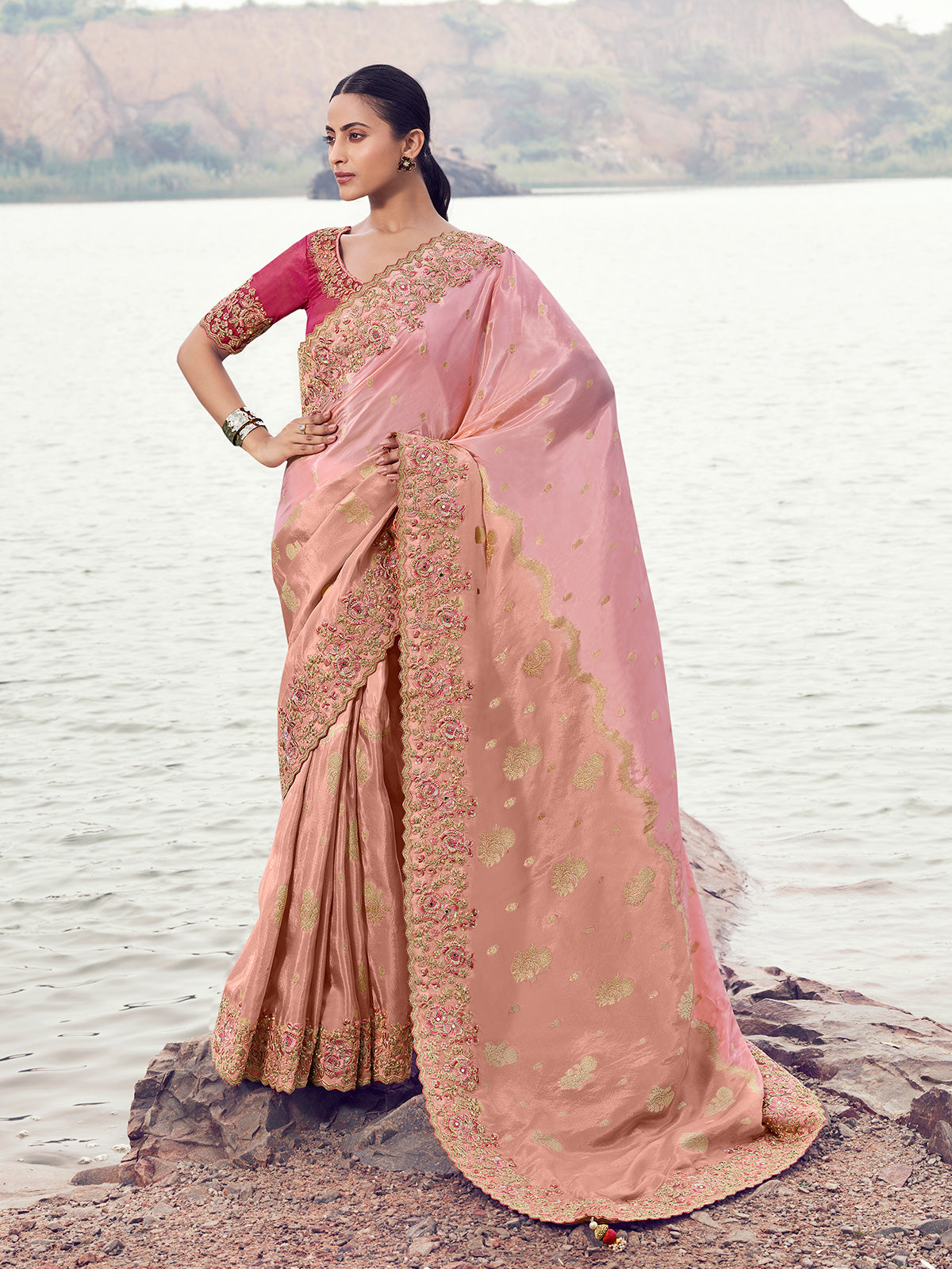 Pink tissue organza festive saree