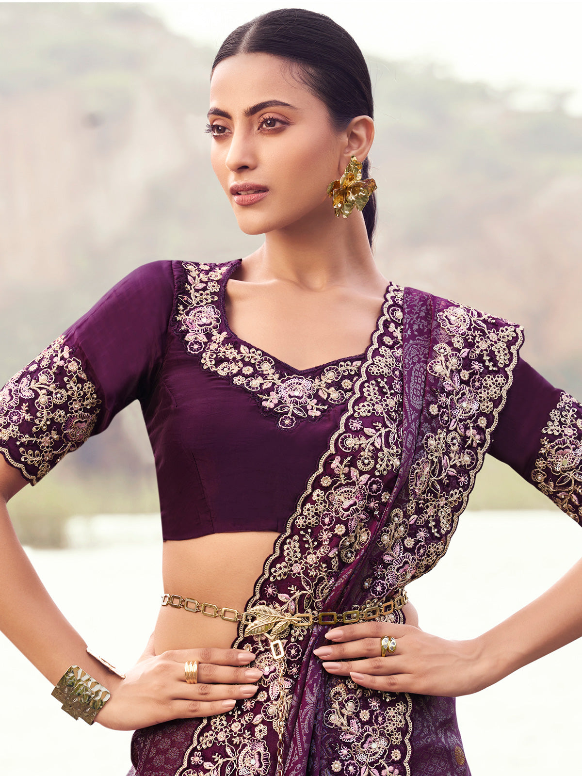 Wine satin silk bridal saree