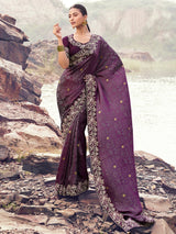 Wine satin silk bridal saree