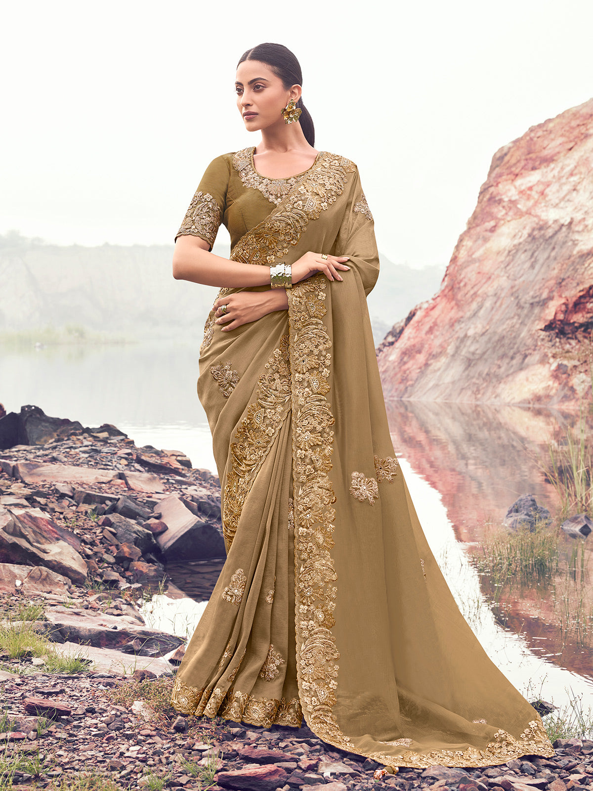 Olive banarasi silk designer saree