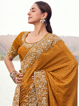 Mustard yellow satin silk saree for wedding wear