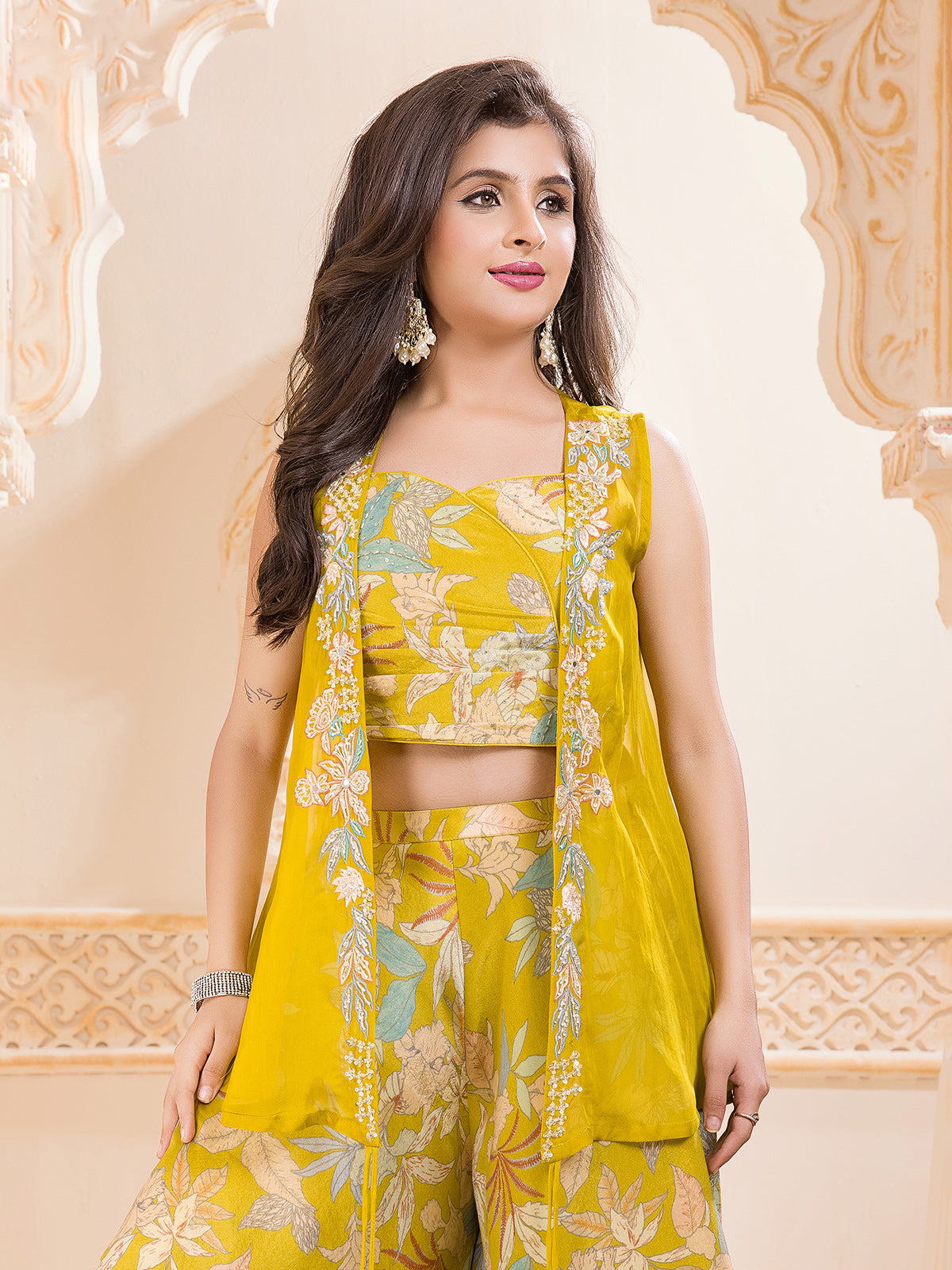 Yellow printed silk palazzo suit with short shrug
