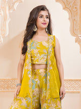 Yellow printed silk palazzo suit with short shrug
