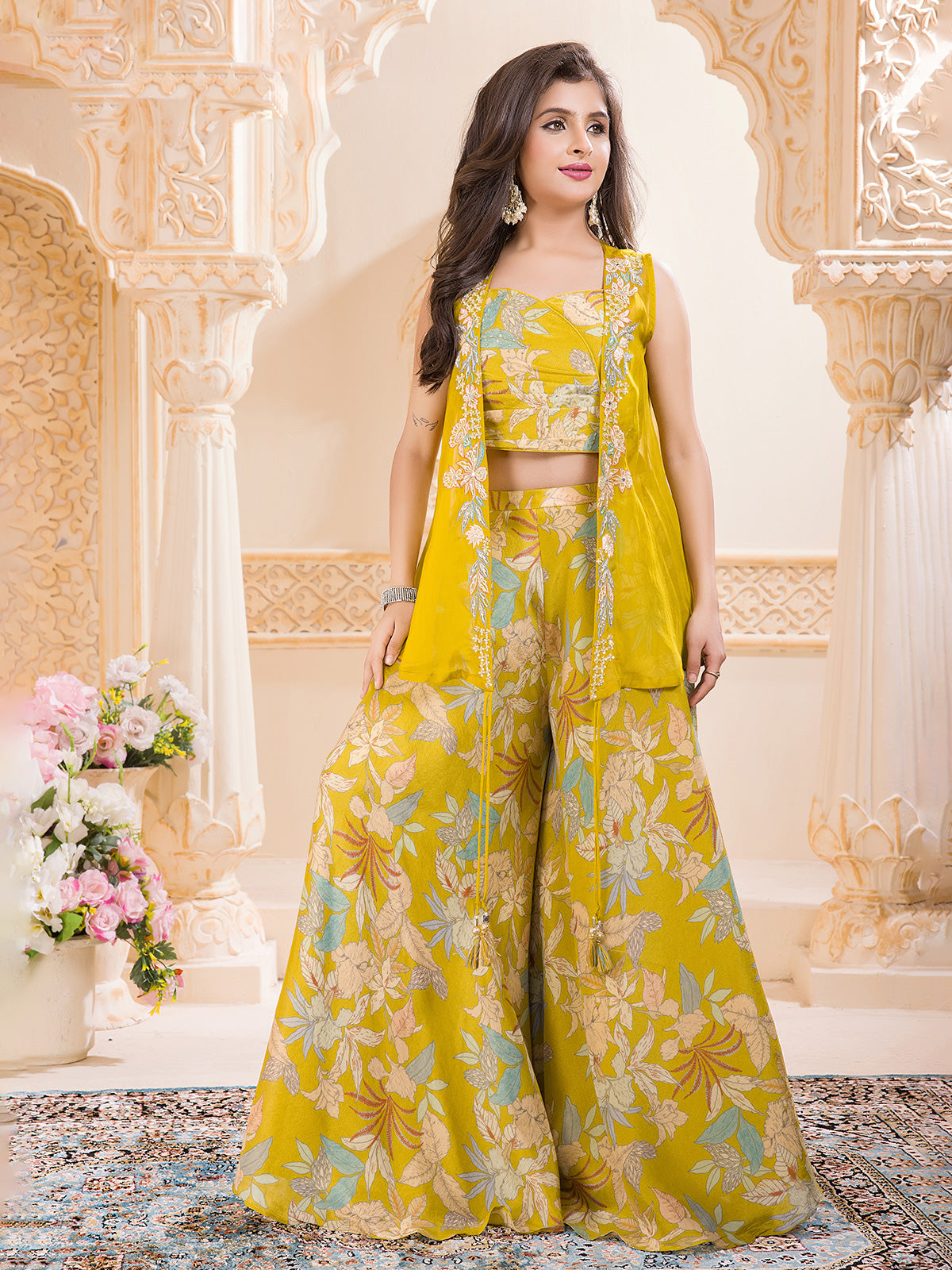 Yellow printed silk palazzo suit with short shrug