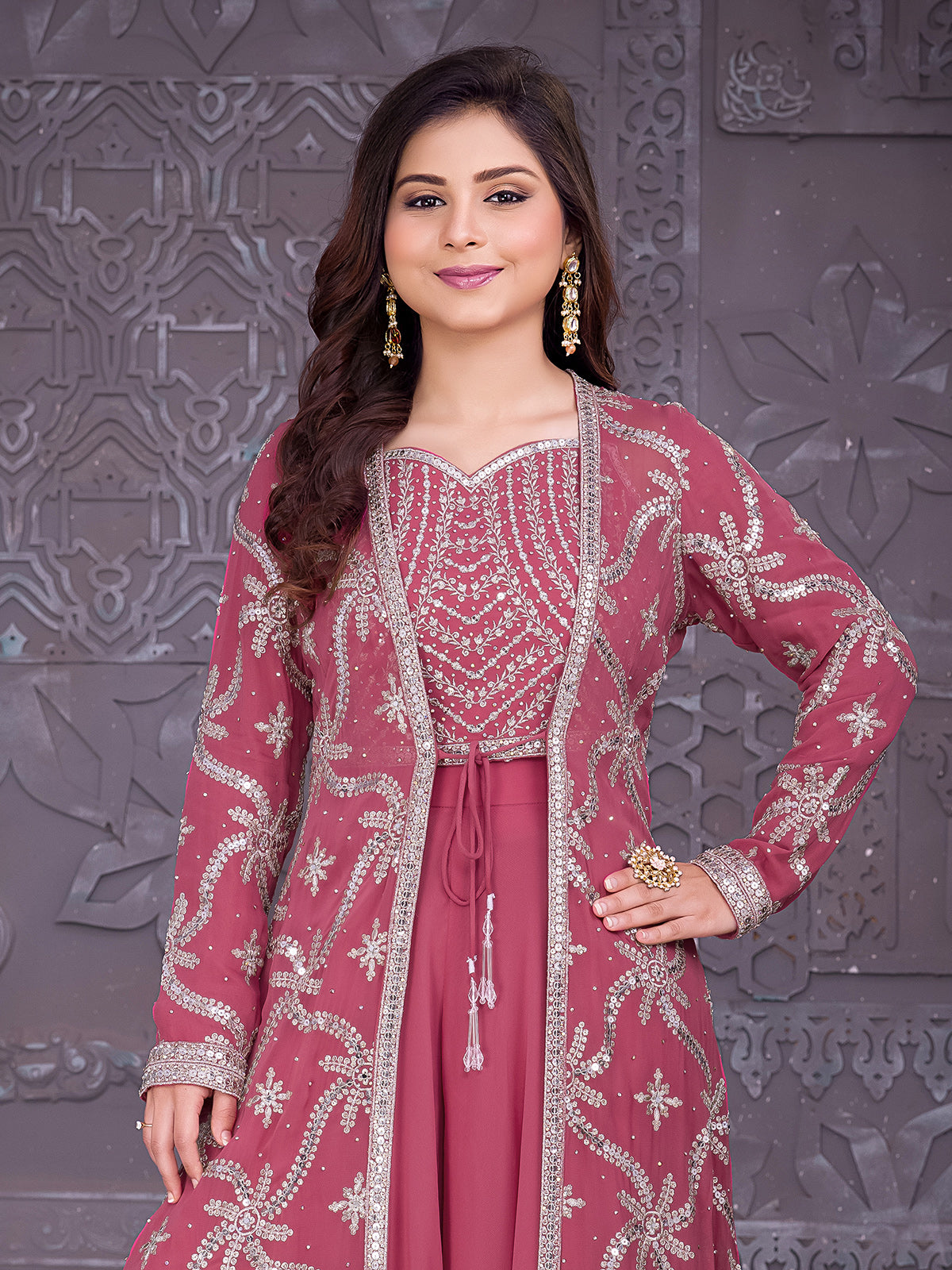 Light maroon georgette palazzo suit with long shrug