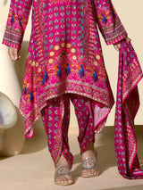 Pink printed dhoti suit in crepe silk