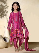 Pink printed dhoti suit in crepe silk