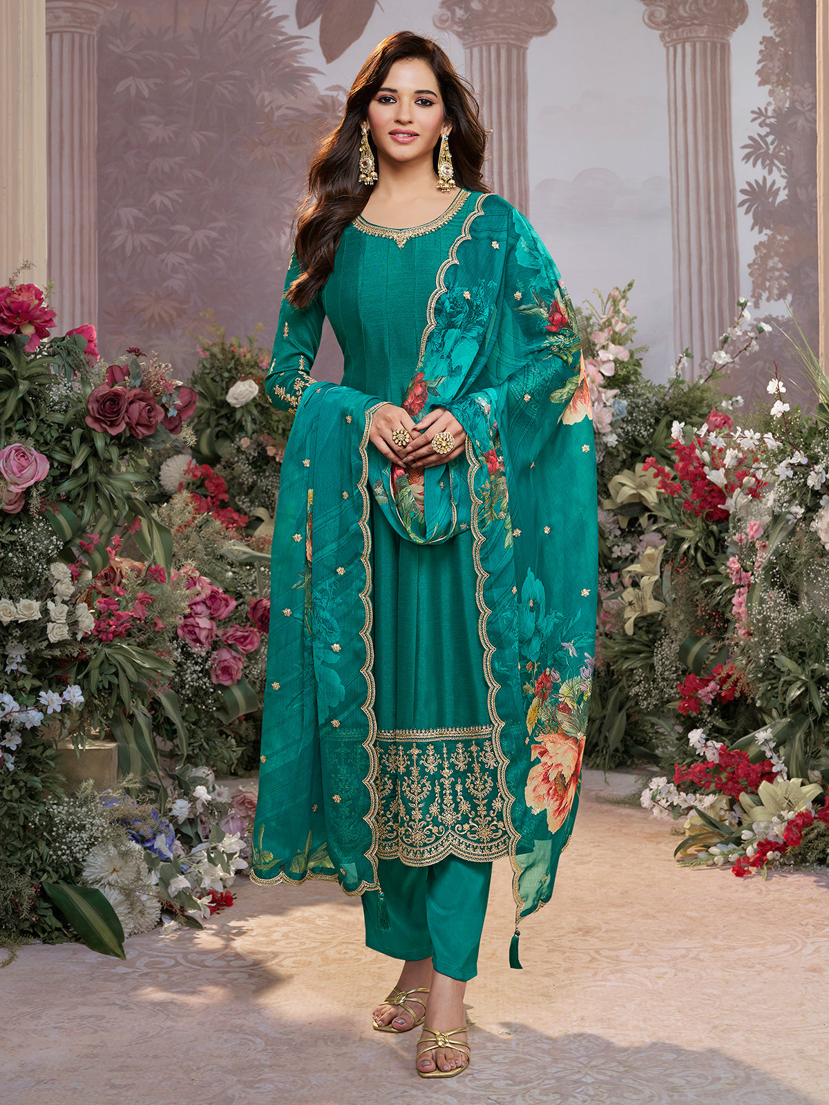 Rama green silk anarkali suit with printed dupatta
