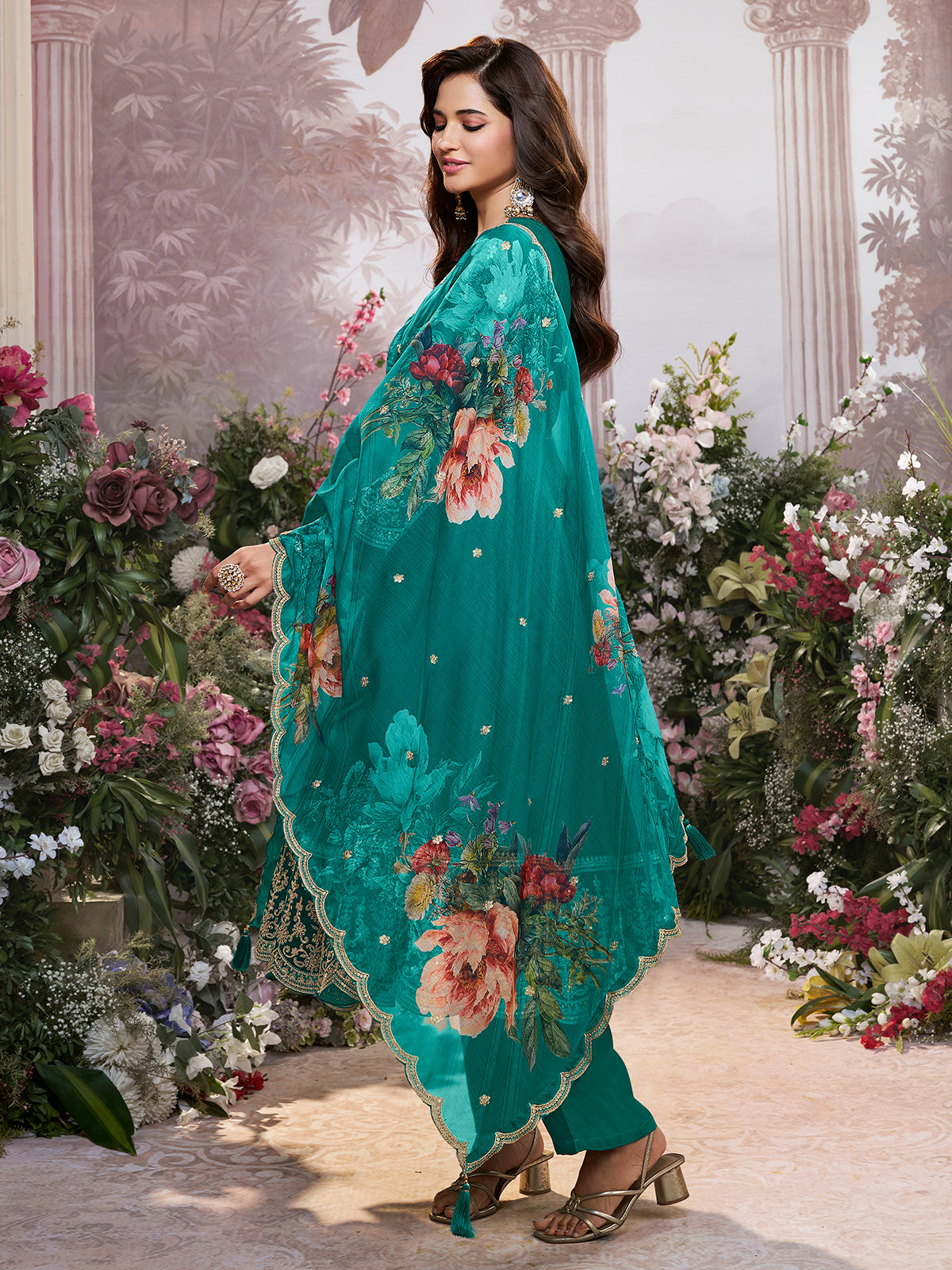 Rama green silk anarkali suit with printed dupatta