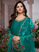 Rama green silk anarkali suit with printed dupatta