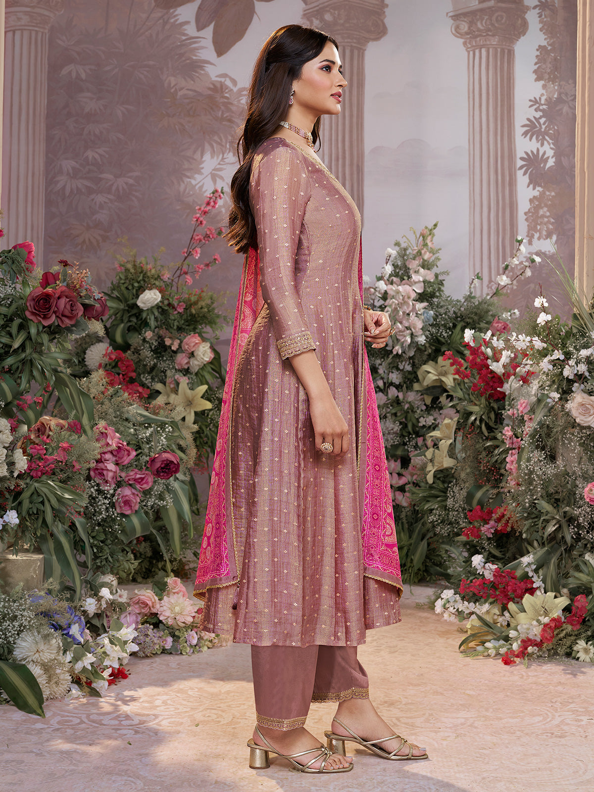 Onion pink silk anarkali suit with printed dupatta