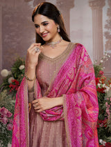 Onion pink silk anarkali suit with printed dupatta
