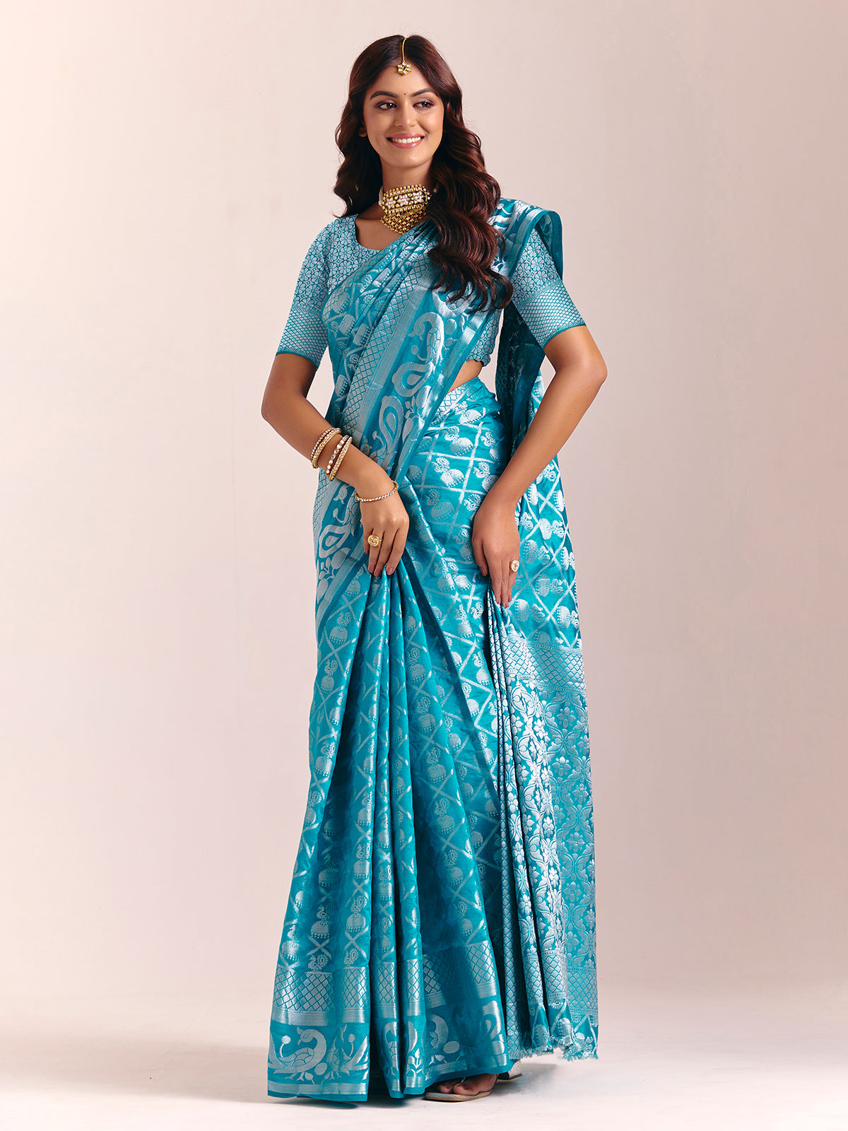 Aqua blue silk saree with exquisite zari work