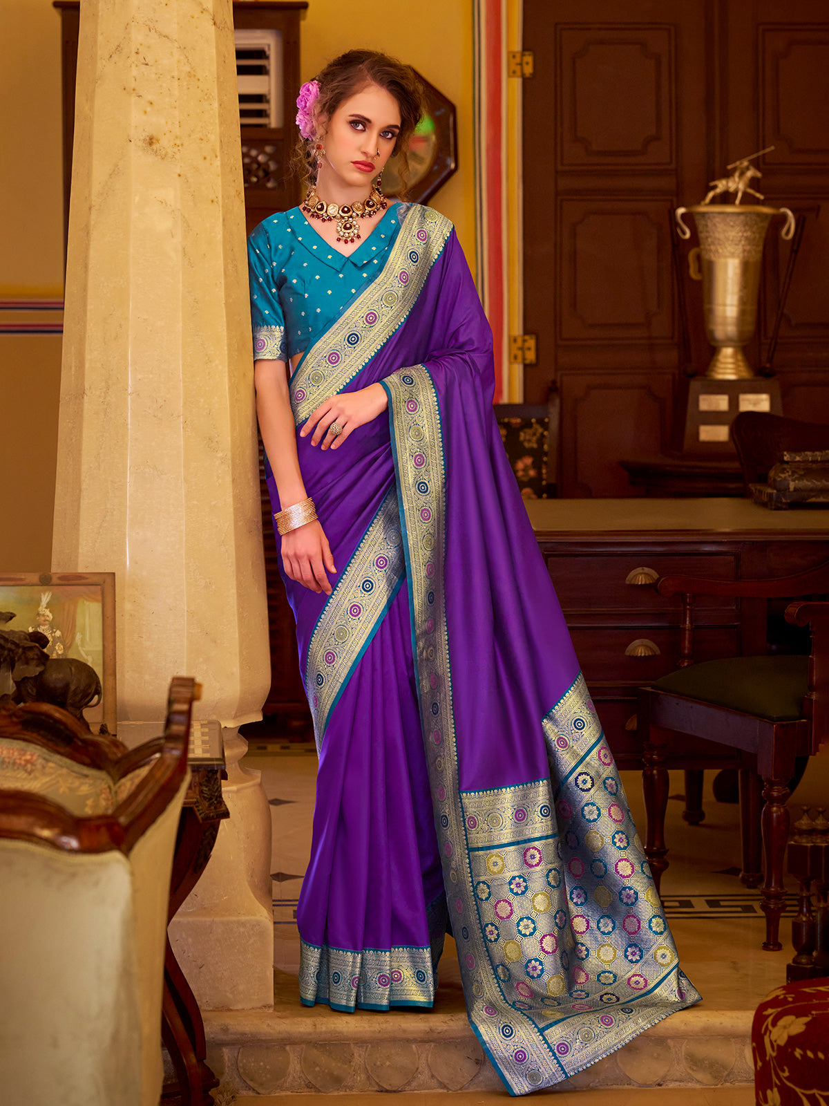 Blue soft silk saree with classic zari border
