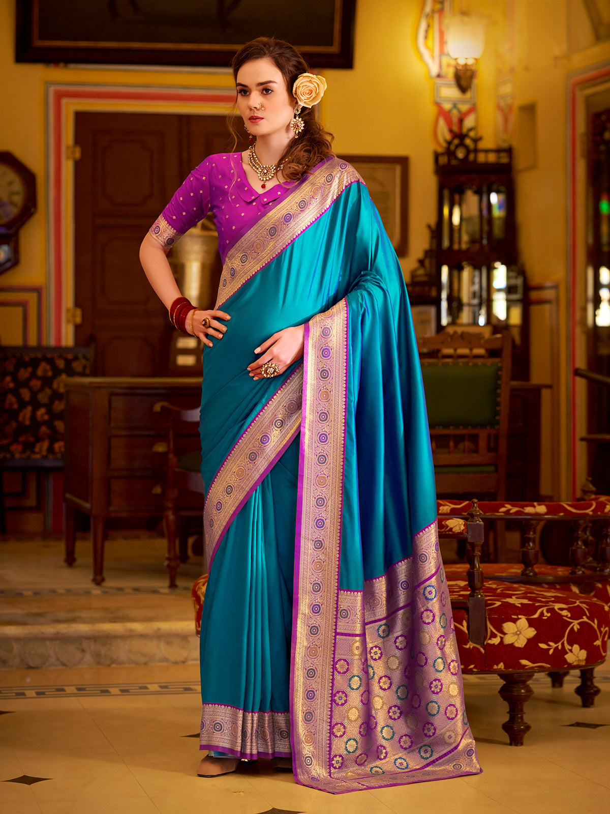 Elegant blue soft silk saree with zari border