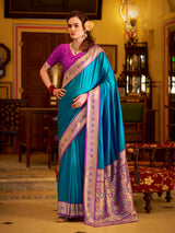 Elegant blue soft silk saree with zari border