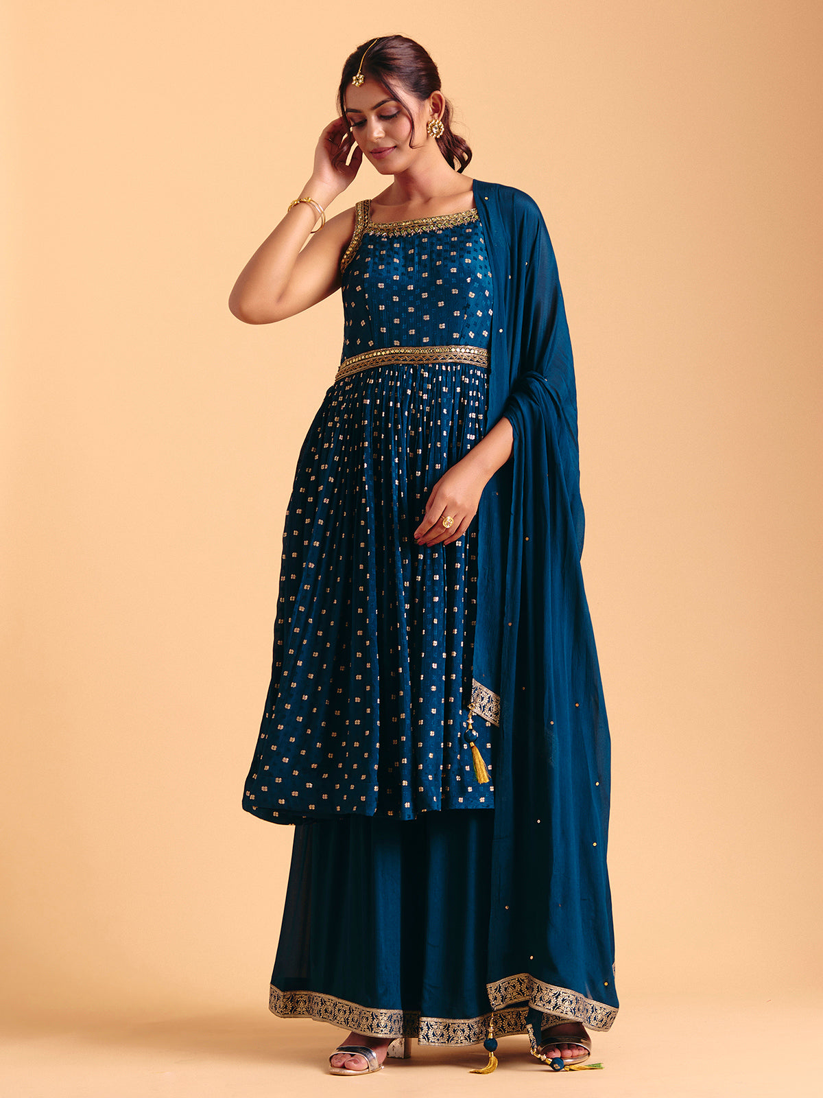 Navy silk palazzo suit for festive celebration