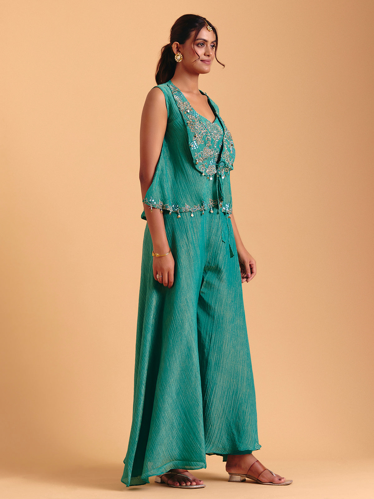 Rama green chiffon palazzo suit with jacket