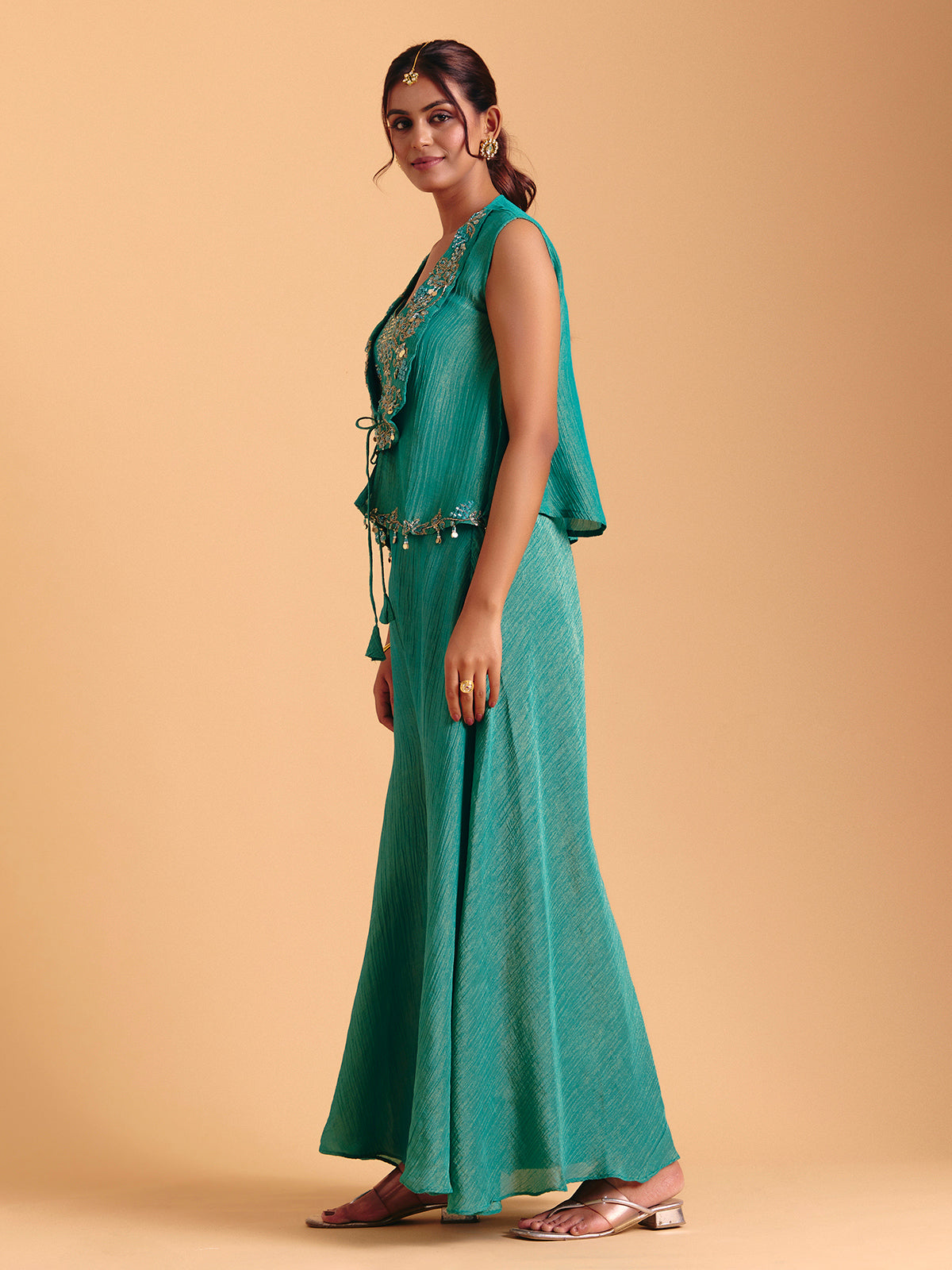 Rama green chiffon palazzo suit with jacket