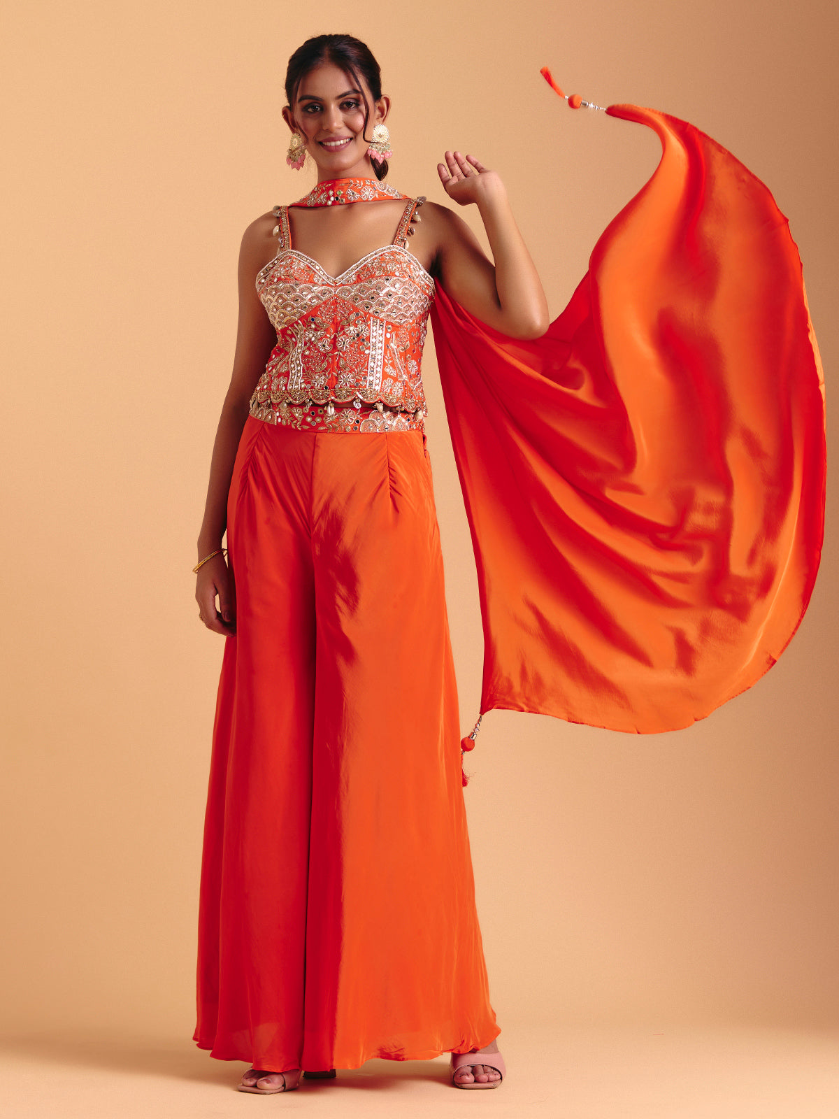 Orange satin silk party wear palazzo suit