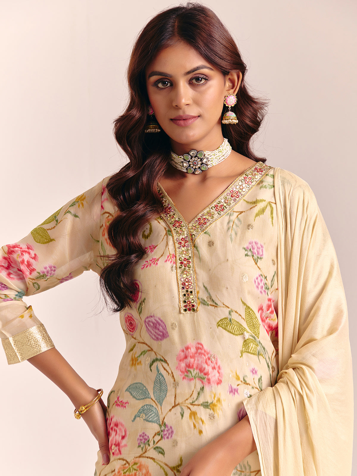 Cream silk printed salwar suit for festival