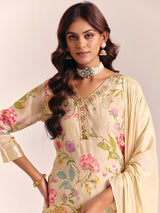Cream silk printed salwar suit for festival