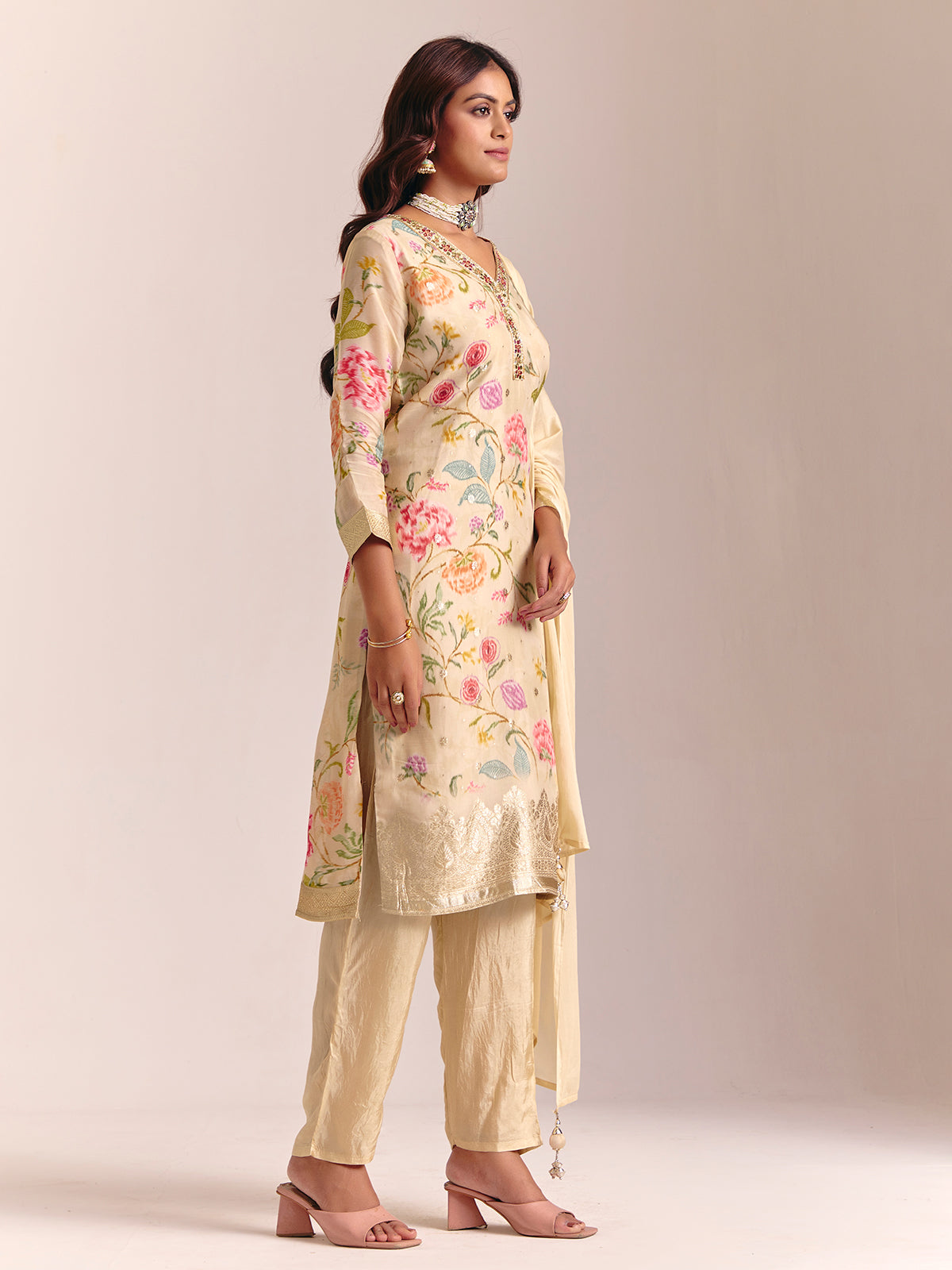 Cream silk printed salwar suit for festival